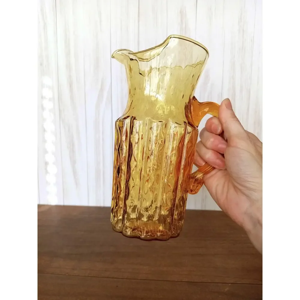 Vintage Amber Ribbed Glass Pitcher - Picture 6 of 8